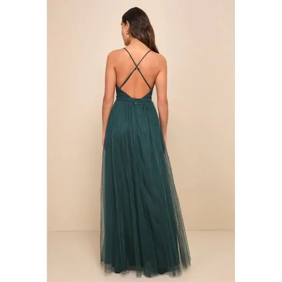 Lulus Rare Beauty Green Tulle Backless Full Length Size Large Adjustable Straps - Picture 2 of 10